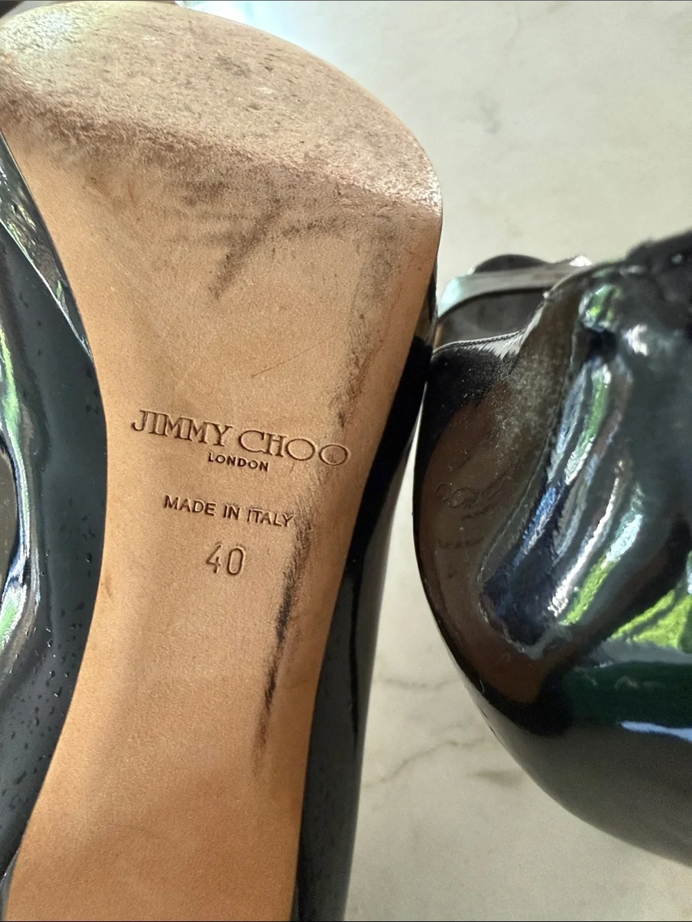 Jimmy Choo Black Patent Peep-Toe Stiletto Pumps size 40